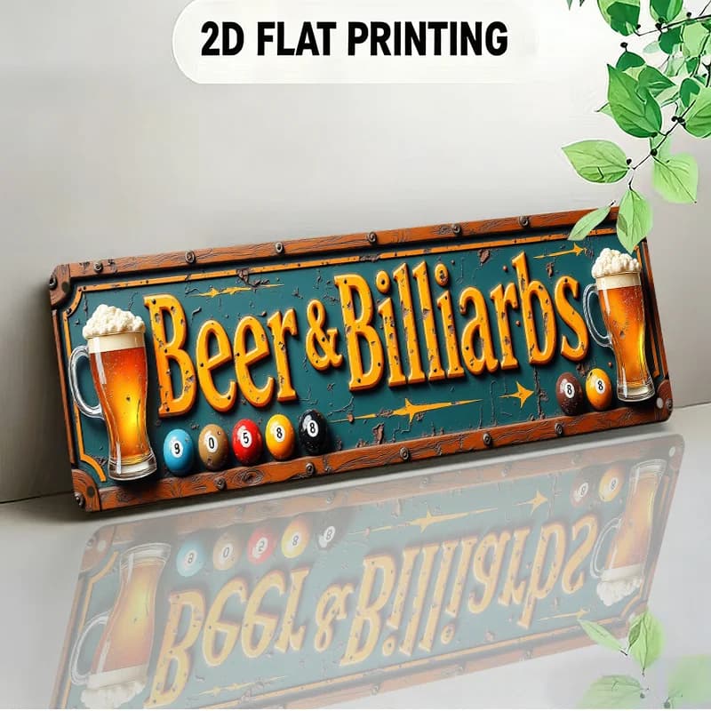 Insegna dal design piatto 2D con bicchieri da birra, palline da biliardo e stile di scritta vintage, adatta per bar, pub e sale giochi.