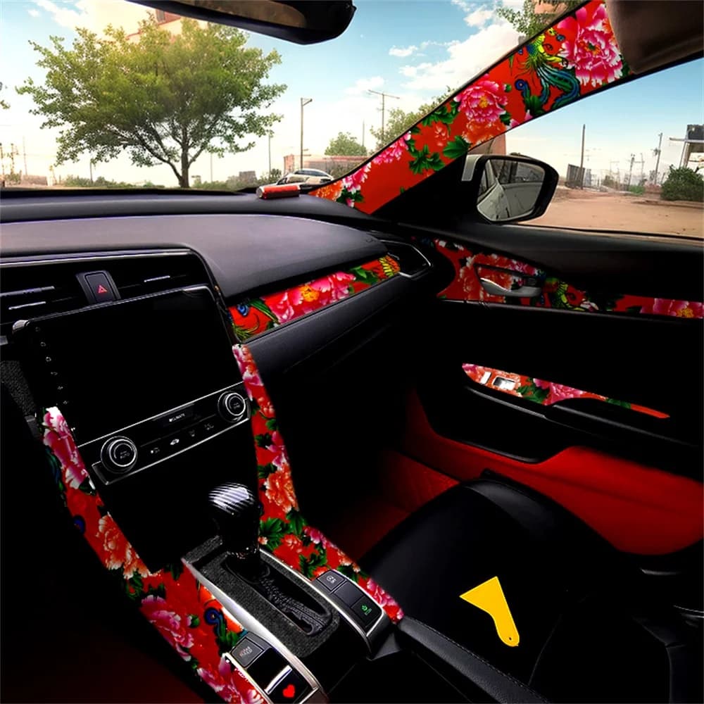 Adesivo posteriore autoadesivo per interni auto in stile fiore rosso grande adesivo per auto alla moda modifica del soffitto interno ristrutturazione dell'auto