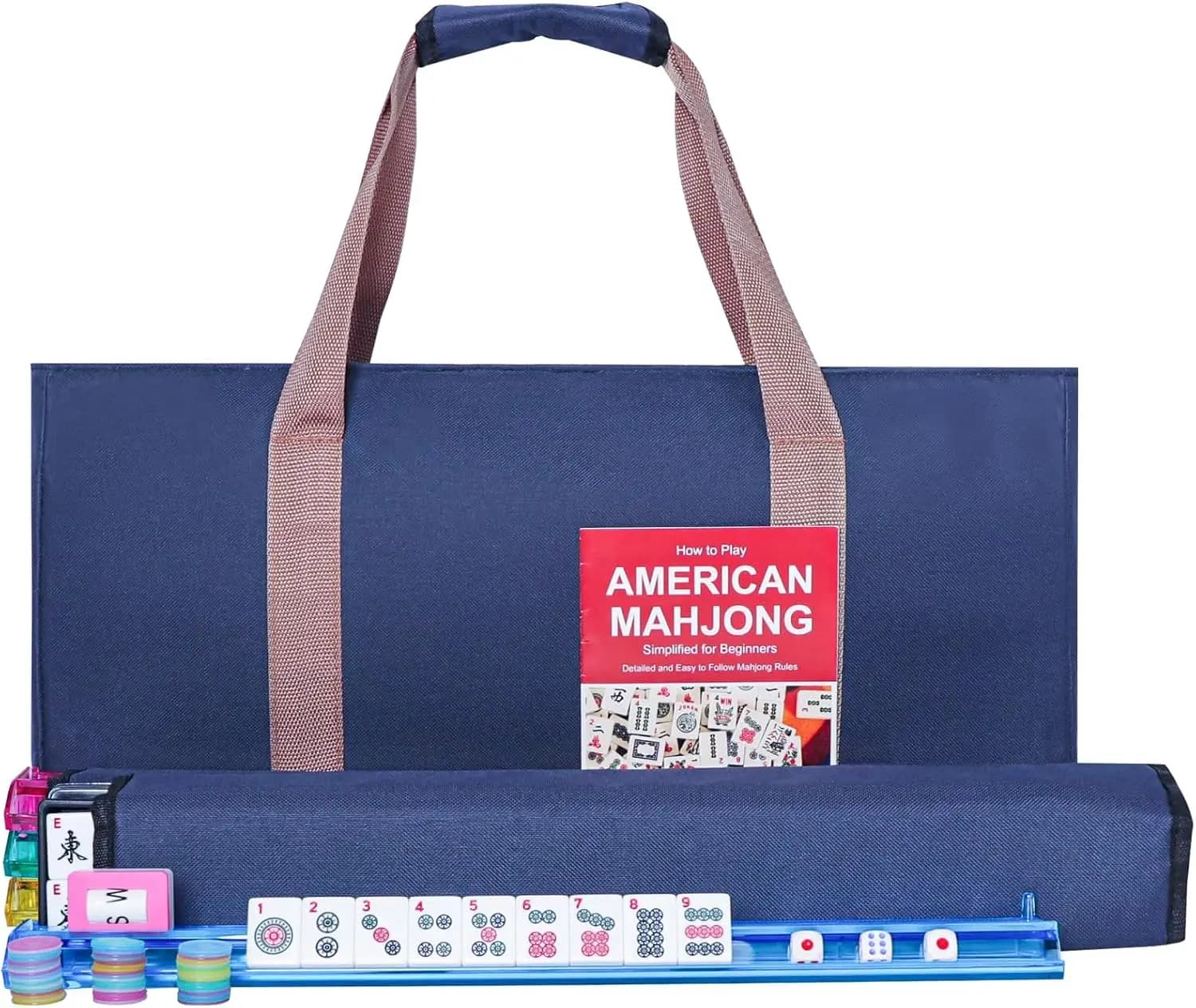 Set Completo di Mahjong Americano con 166 Tessere Bianche, 4 Supporti, Borsa Blu