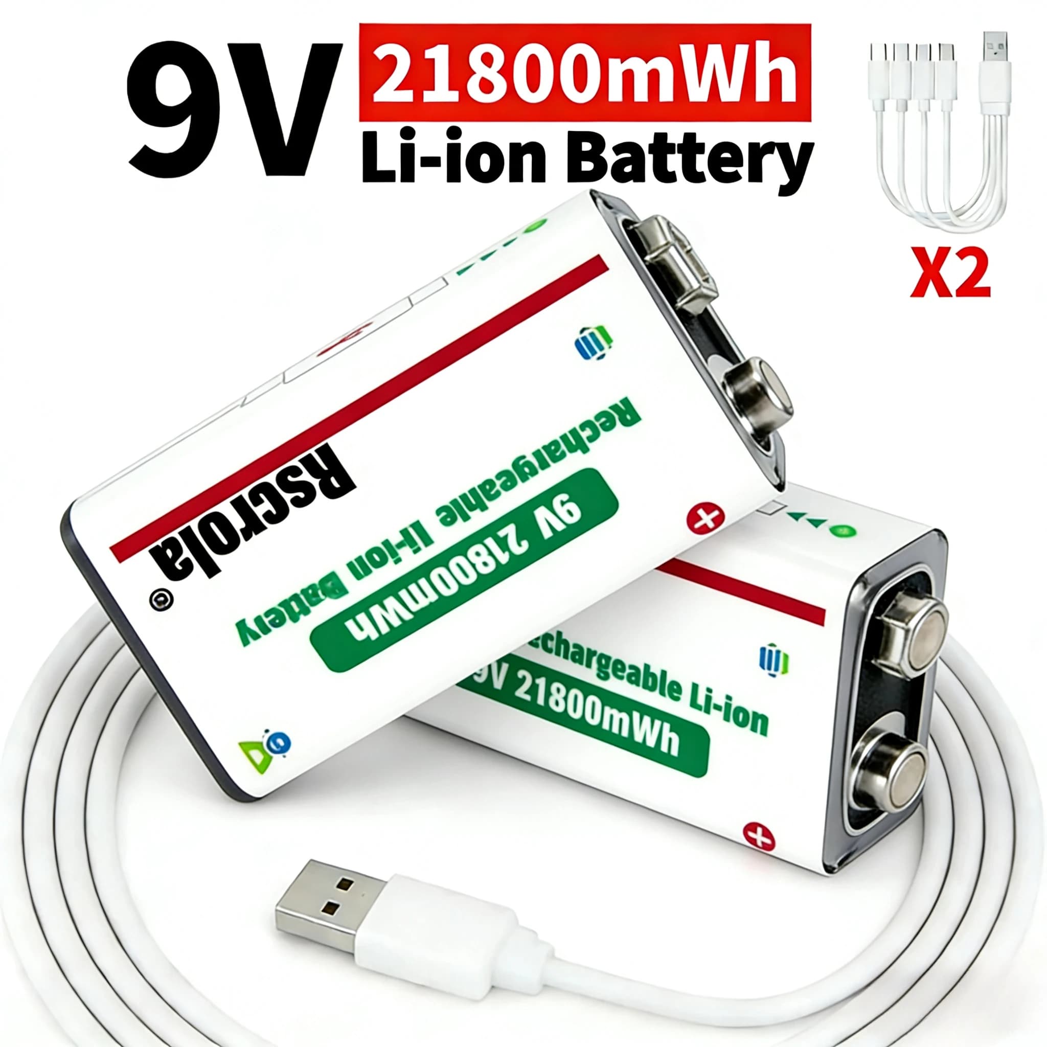 Batteria Ricaricabile 9V 21800mWh ad Alta Capacità agli Ioni di Litio con Cavo per Pedali Chitarra, Microfoni, Rilevatori di Fumo