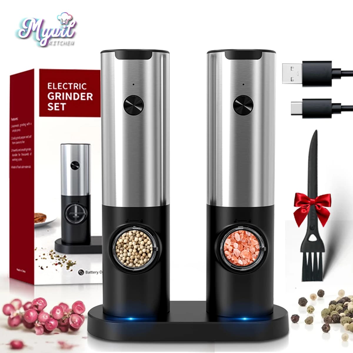 Set di macinapepe e macinasale elettrici, ricaricabili tramite USB, con luce LED, macina spezie automatico regolabile, utensile da cucina