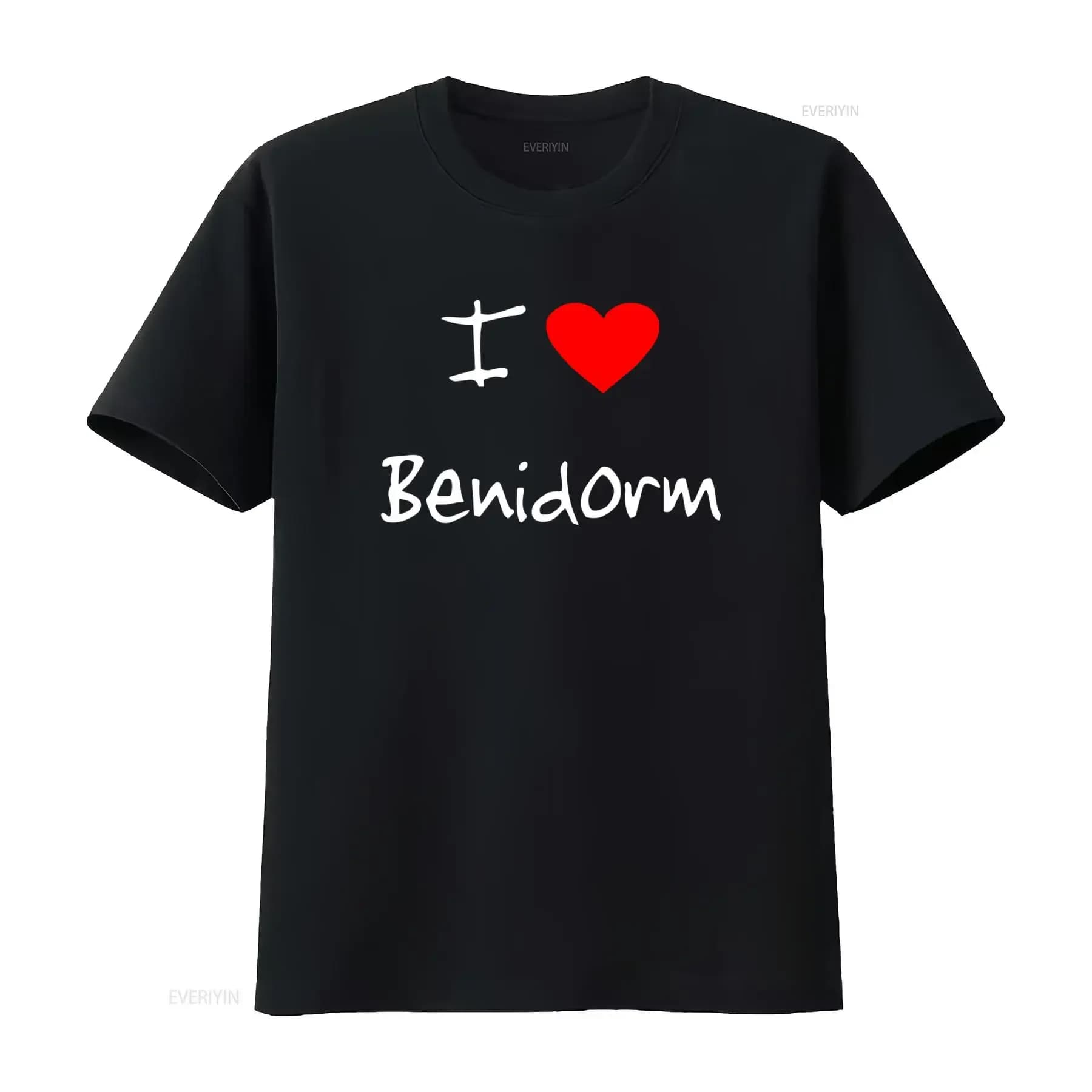 T-Shirt Elegante 'I Love Heart Benidorm' per Individui Attenti alla Moda, Vintage, Lavata, Comoda, Elasticizzata, Casual e Versatile