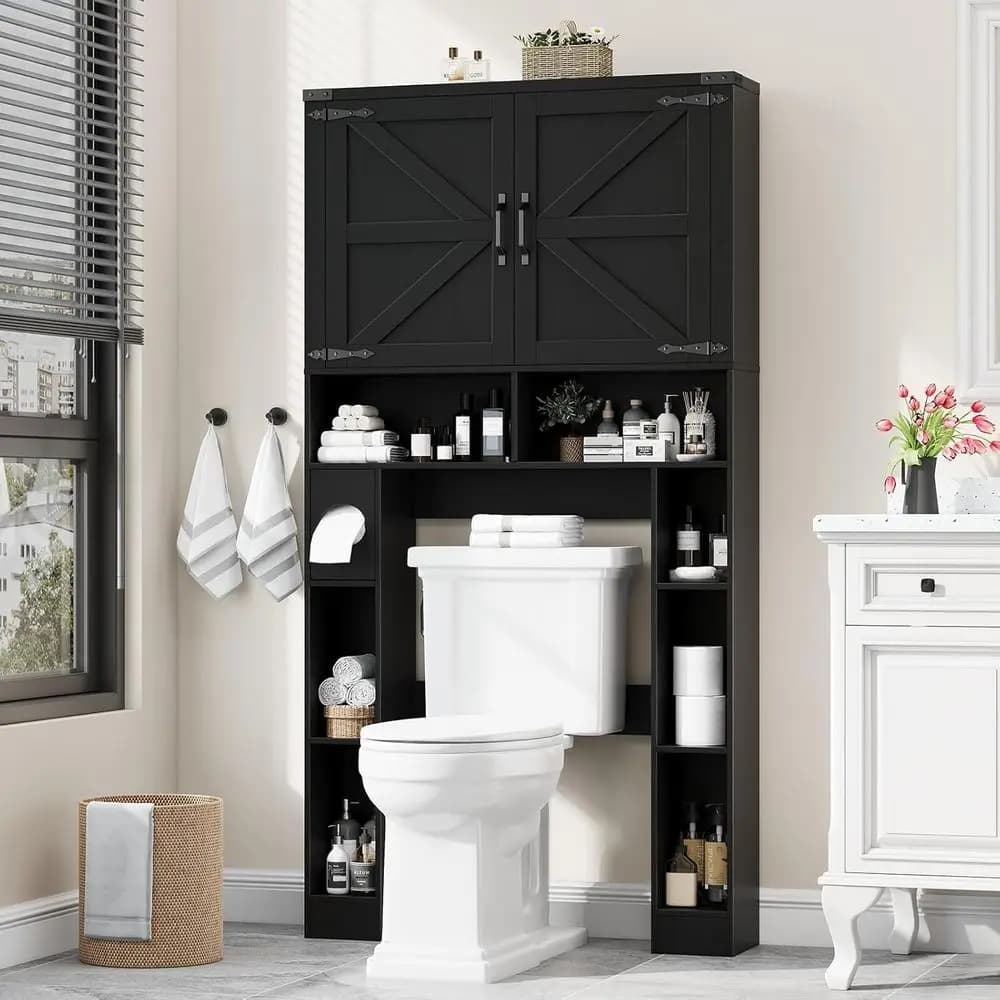 Mobiletto Salvaspazio da Bagno Sopra il WC, Armadio Contenitore Sopra il WC con 2 Ante Scorrevoli, Porta Carta Igienica, Salvaspazio per la Casa