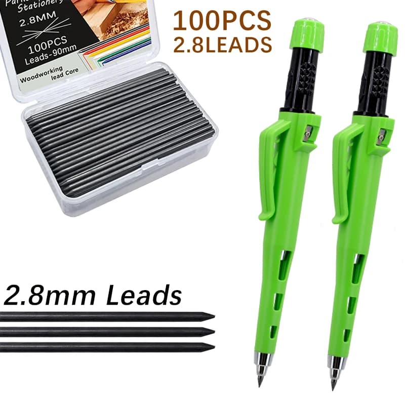 55mm Long Head Carpenters Pencil Set with 100leads, 2.8mm Deep Hole Woodworking Marking Pencils Architects Drawing Tool