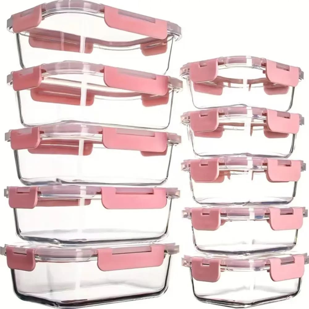 [10-Piece Set] Glass Food Storage Container Set With Sealed Lids, Glass Lunch Boxes For Kitchens And Office Lunches, Pink