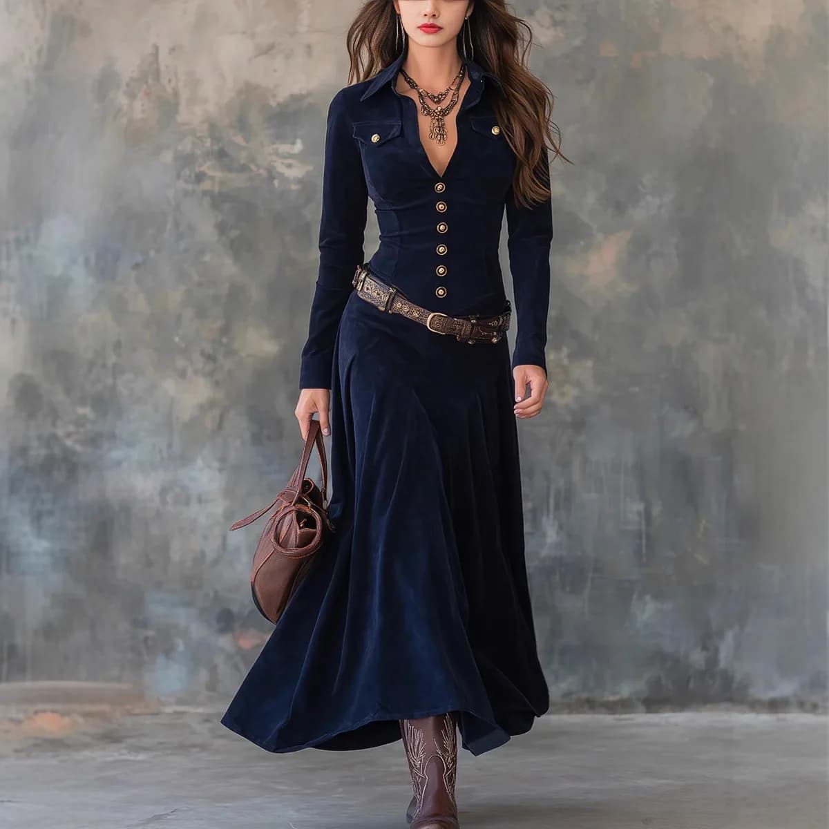 2025 New Long Sleeve V Neck Dress Elegant Personality with Belt H Version Polyester Women's Single Piece Casual Single Button