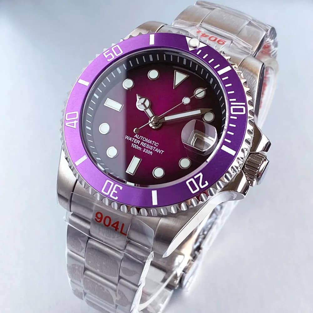 Tandorio Misty Purple/Red Sterile 40mm NH35A Automatic Movement Men Watch Sapphire Glass Diver 100m Waterproof Mechanical Watch