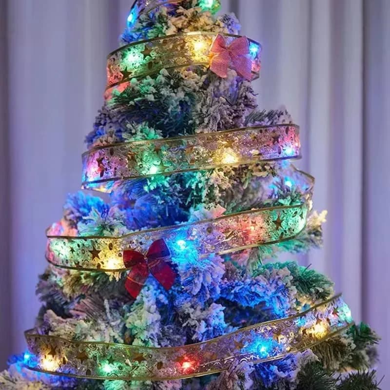 Ribbon Fairy Lights, Double Layer Gold Satin Copper Wire, for Xmas Tree Home Bedroom Fireplace Holiday Party Decorations Gift