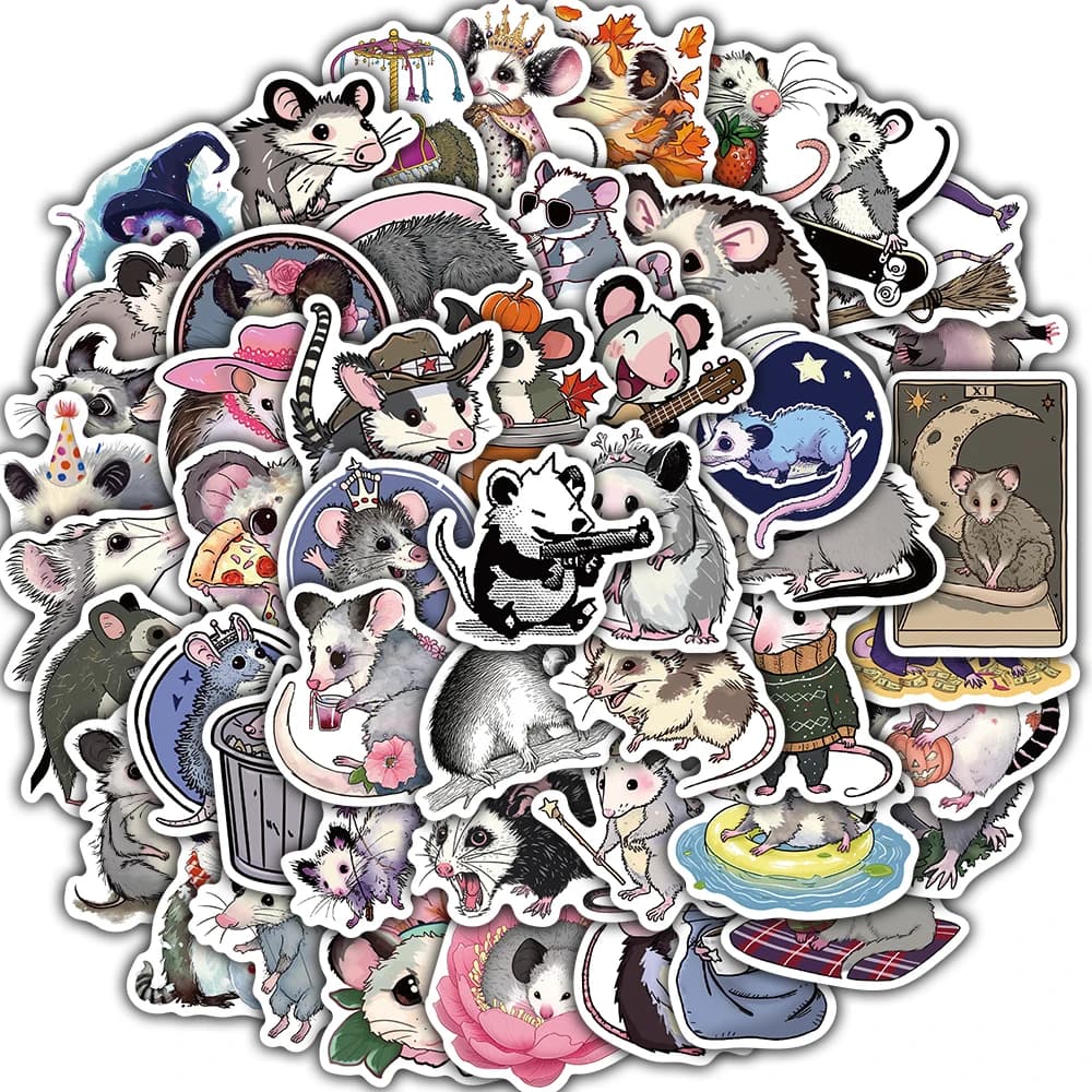 50 Adesivi Opossum Impermeabili per Quaderni, Arte, Caffè, Skateboard, Laptop, Biciclette, Bagagli, Chitarre, Valigie
