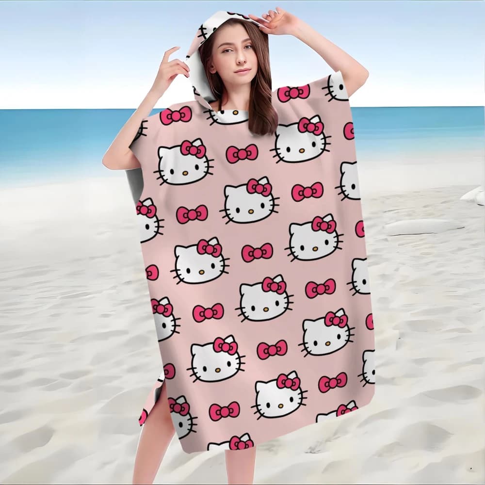 Accappatoio da Spiaggia Hello Kitty con Cappuccio e Fiocco Rosa, Poncho da Bagno in Microfibra Kawaii ad Asciugatura Rapida, Morbido e Assorbente per Bambini