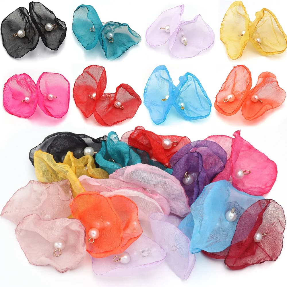 10 pz/lotto Ciondoli a forma di fiore in chiffon di garza con perle, per orecchini fai da te, forniture per gioielli da donna e ragazza