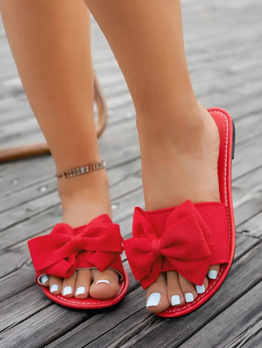 Womens Red Bowknot Flat Sandals Casual Open Toe Slippers Comfortable Fabric Beach Shoes
