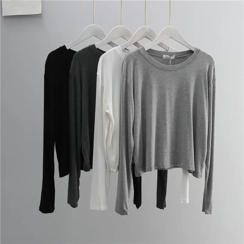 O Neck Cotton Blend Long Sleeve T Shirt for Women Black White Casual Autumn Summer Top