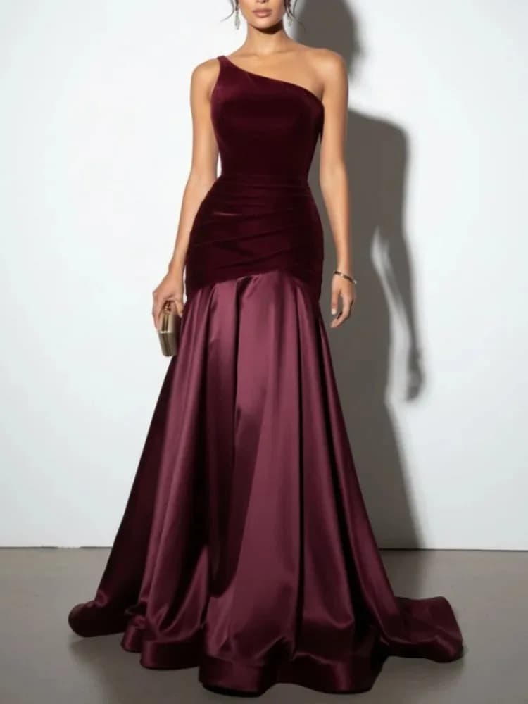 Velvet long dress for cocktail parties, with curled waist and asymmetrical edge, ideal for weddings and formal occasions - Collection 2026