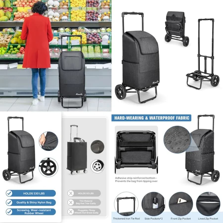 Carrelli per la spesa 2 in 1, carrello per la spesa su ruote da 330 libbre, carrelli pieghevoli con ruote, carrello manuale con borsa impermeabile per la spesa, la scuola, il lavanderia, fiere di artigianato, nero