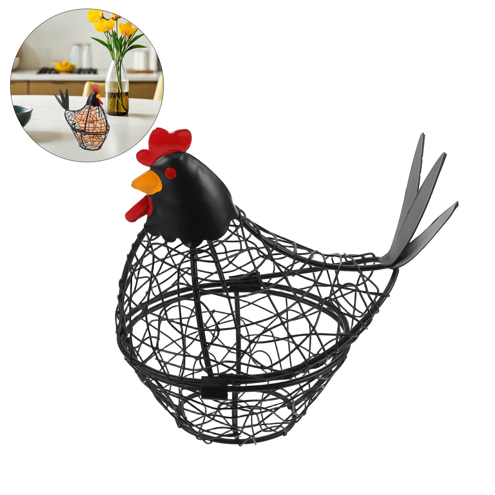 Wire Egg Basket Chicken Top Kitchen Decorative Storage Holder Egg Organizer Fresh Countertop Black Wrought Iron Storage Basket