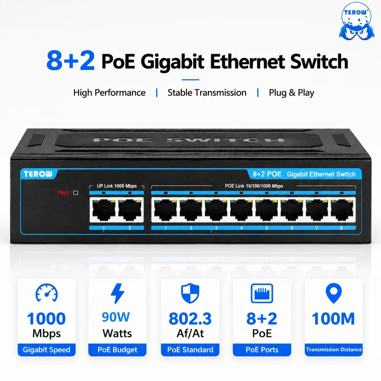 TEROW Switch Gigabit POE a 10 porte Switch Ethernet 1000Mbps 8 PoE +2 Uplink Switch di rete IEEE802.3af/at 120W per telecamera IP
