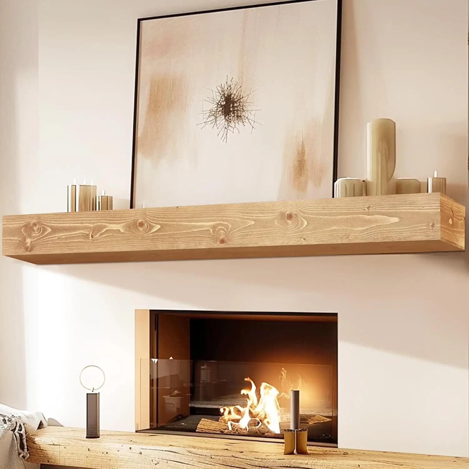 72"W Natural Handcrafted Pine Wood Floating Fireplace Mantel Shelf, 5" Thick Rustic Wall Mount Display Storage Shelving with Concealed Brackets, Scratch Resistant Decor Shelf for Over Fireplace Living Room Home Decor