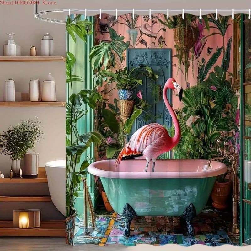 Tenda da Doccia con Fenicotteri per Vasca da Bagno Verde Menta - Con Ganci, Impermeabile, Antimuffa, Facile da Installare, Lavabile