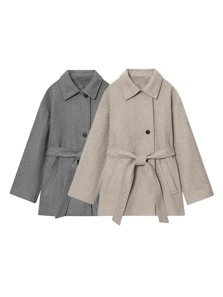 Cappotto da donna in morbida lana con cintura Colletto a doppia posizione Manica lunga Tasche frontali Top capispalla femminile chic