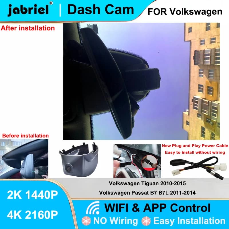 Jabriel for Volkswagen Tiguan 2011-2015 and Volkswagen Passat B7 B7L 2011-2014, Dash Cam 2K 4K Wifi Plug and Play, Video Recorder