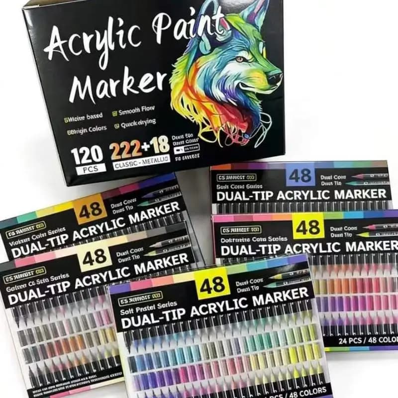 Pennarelli Acrilici 48-240 Colori, Doppia Punta Doppio Colore per Pittura su Roccia, Tela, Legno, Vetro, Ceramica, Tessuto, Plastica, Pennello Morbido