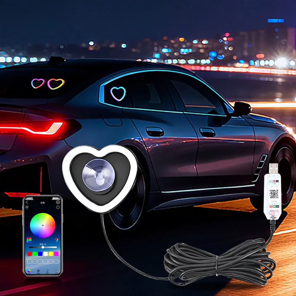 RGB a forma di cuore per auto, luce ambientale, finestra per auto, ventosa, luce d'atmosfera a LED, 256 colori, USB, 5 V, lampada al neon, pulsante, controllo APP