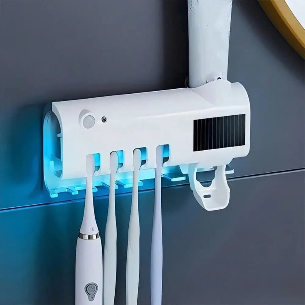 Dispenser Automatico di Dentifricio Ricaricabile USB con Sterilizzazione a Infrarossi, Porta Spazzolini Intelligente ad Energia Solare, Montaggio a Parete Senza Contatto