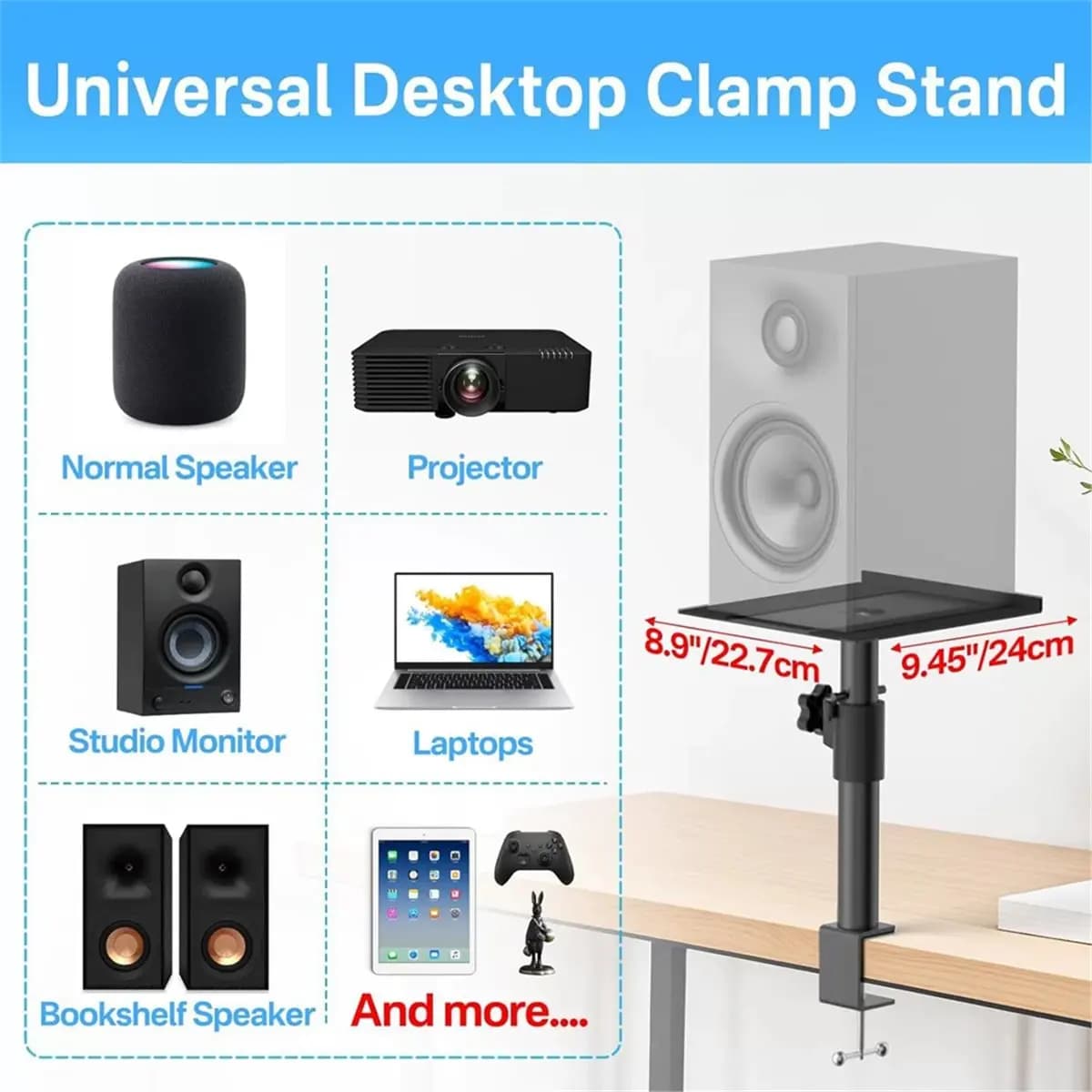 (DT37) Studio-Grade Clamp Mount Speaker Stand Height Adjustable Desktop Platform for Studio Monitors Computer Speakers