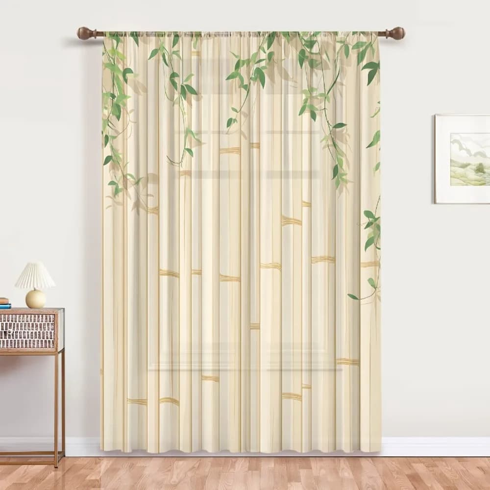 1PC Sheer Curtain Bamboo Green Leaf Beige Print, Rod Pocket Window Curtain for Living Room Bedroom Asian Zen Decor