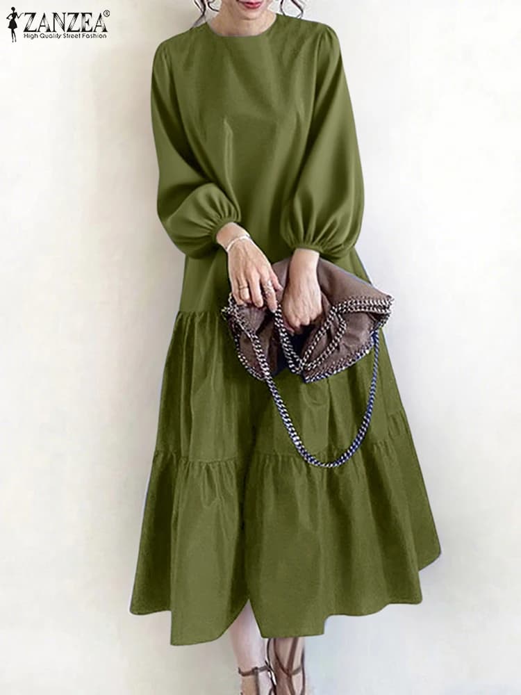 Primavera Solido Una Linea del Vestito 2026 ZANZEA Donne Elegante Casual Manica Lunga Abiti Allentati Ufficio Lavoro Vestito Estivo Midi Robe Abiti