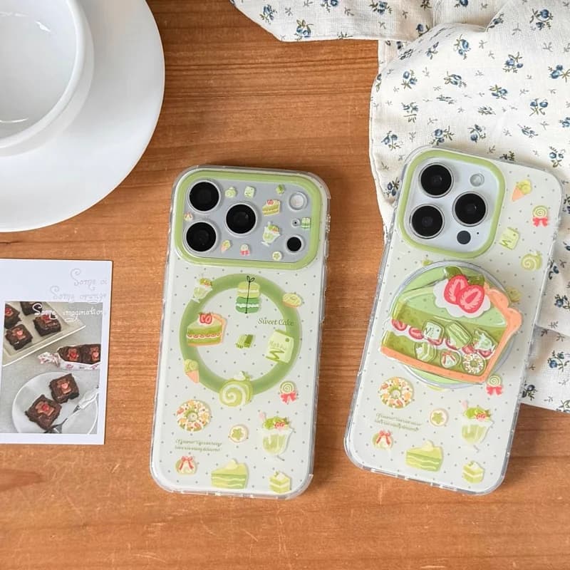 Custodia Magnetica per iPhone 17 Pro 16 15 14 Pro Max con Supporto MagSafe, Design Torta Matcha Fragola, Cover Kawaii