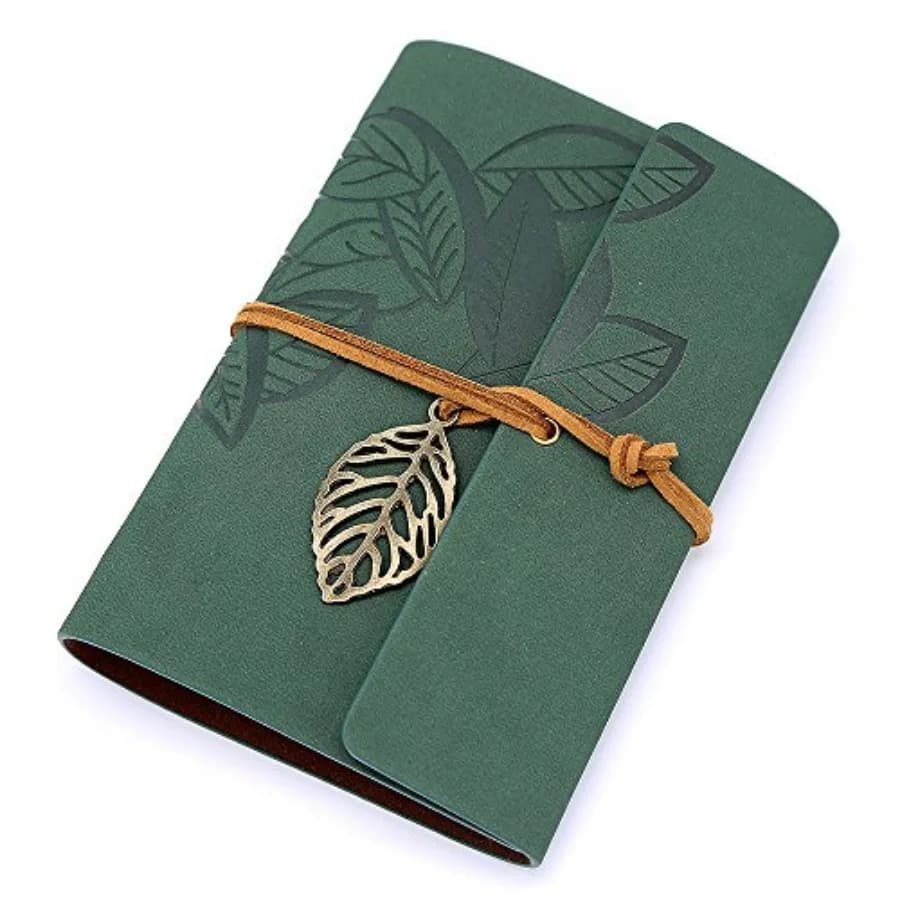 Vtage Refillable Leather Journal - Professional B6 Loose-Leaf Notebook with Antique Leaf Pendant, Retro PU Leather Cover, 160 P