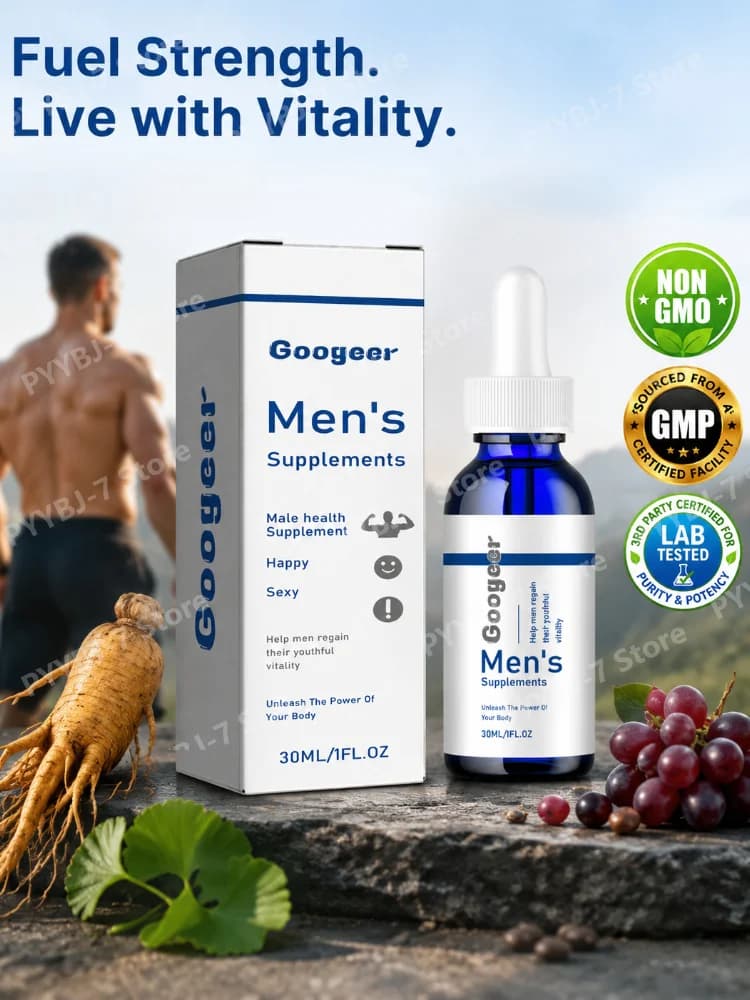Men's Daily Supplement Drops with Ginseng Extract Ginkgo Biloba Vitamin B12 Herbal Blend for Energy Support Male 30mL