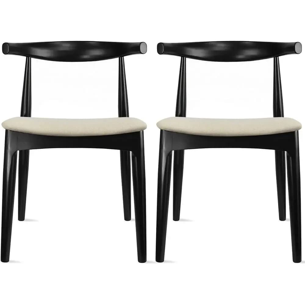 Coppia di Sedie da Pranzo in Legno Massello con Sedili Imbottiti in Lino Beige per Casa, Cucina e Ufficio (Nero)