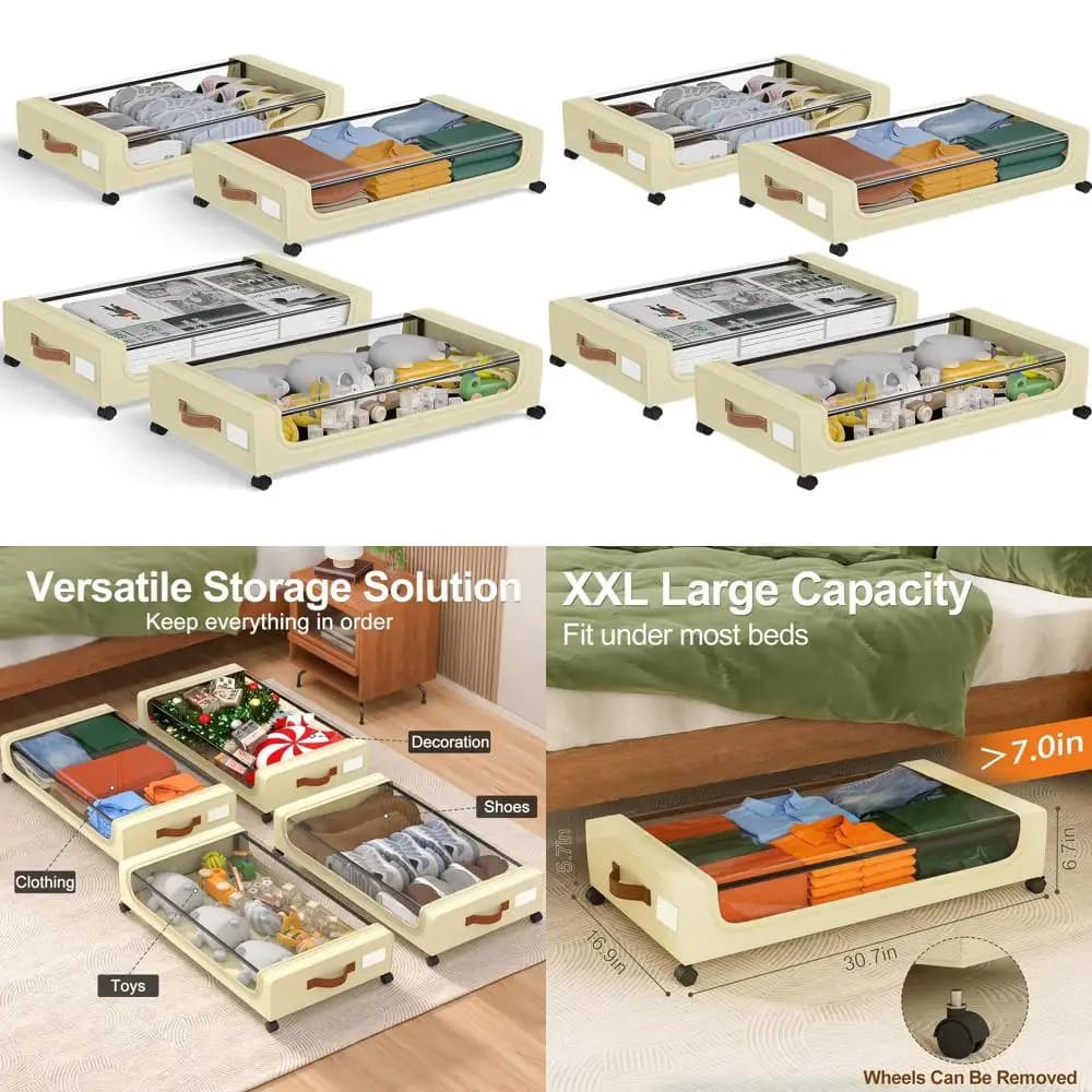Contenitori Extra Large con Ruote e Coperchi per Sottoletto - 4 Scatole Beige per Vestiti, Scarpe e Altro