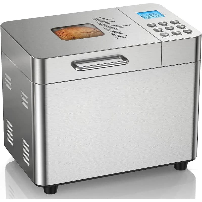 Macchina per il pane da 2 libbre, macchina per il pane automatica 17 in 1 in acciaio inossidabile, antiaderente, controlli per principianti, timer da 15 ore