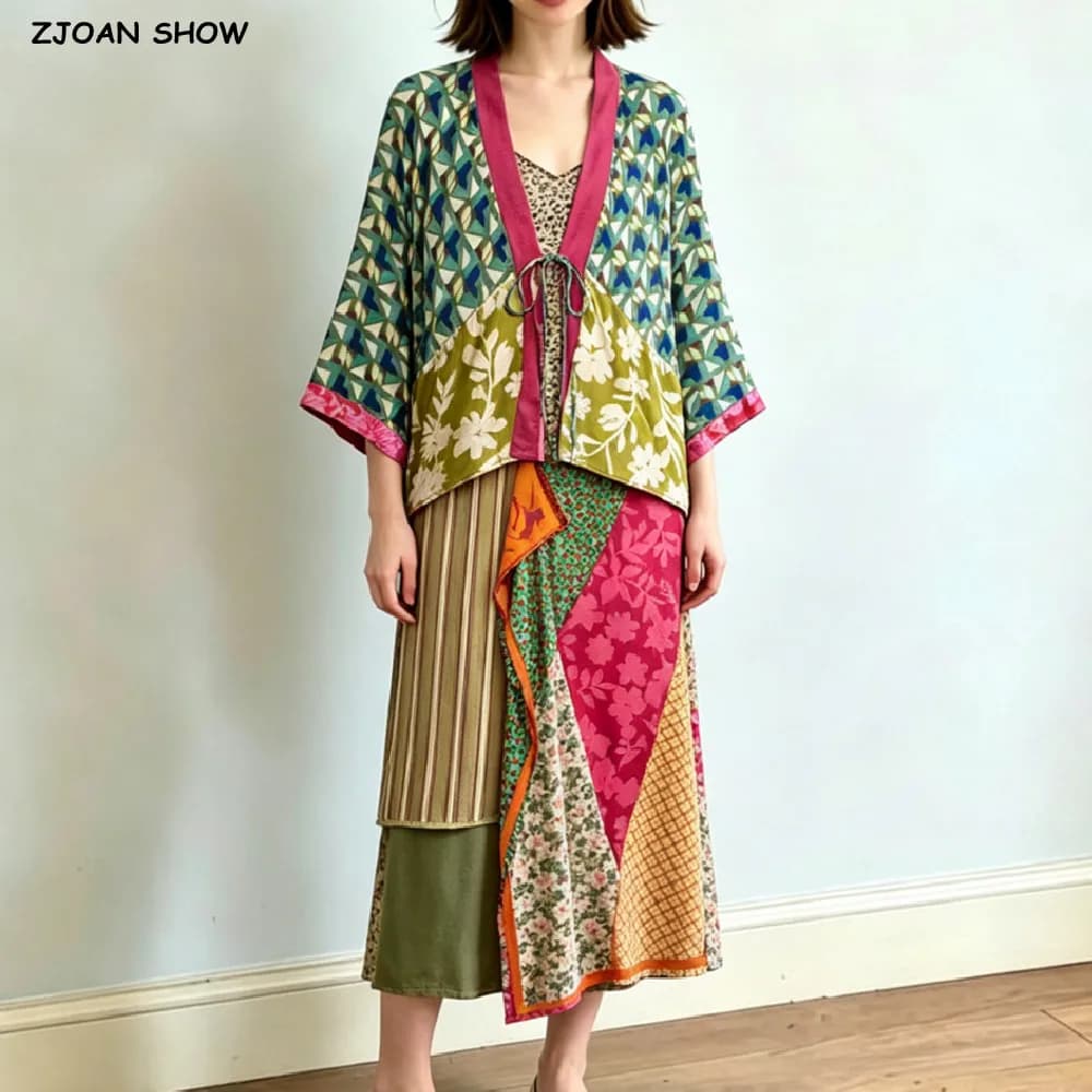 2 pieces 1 Set Autumn Contrast Color Geometric Print Bow Long Bat Sleeve Kimono Cardigan + Tie Bow Waist Asymmetry Skirts Suits