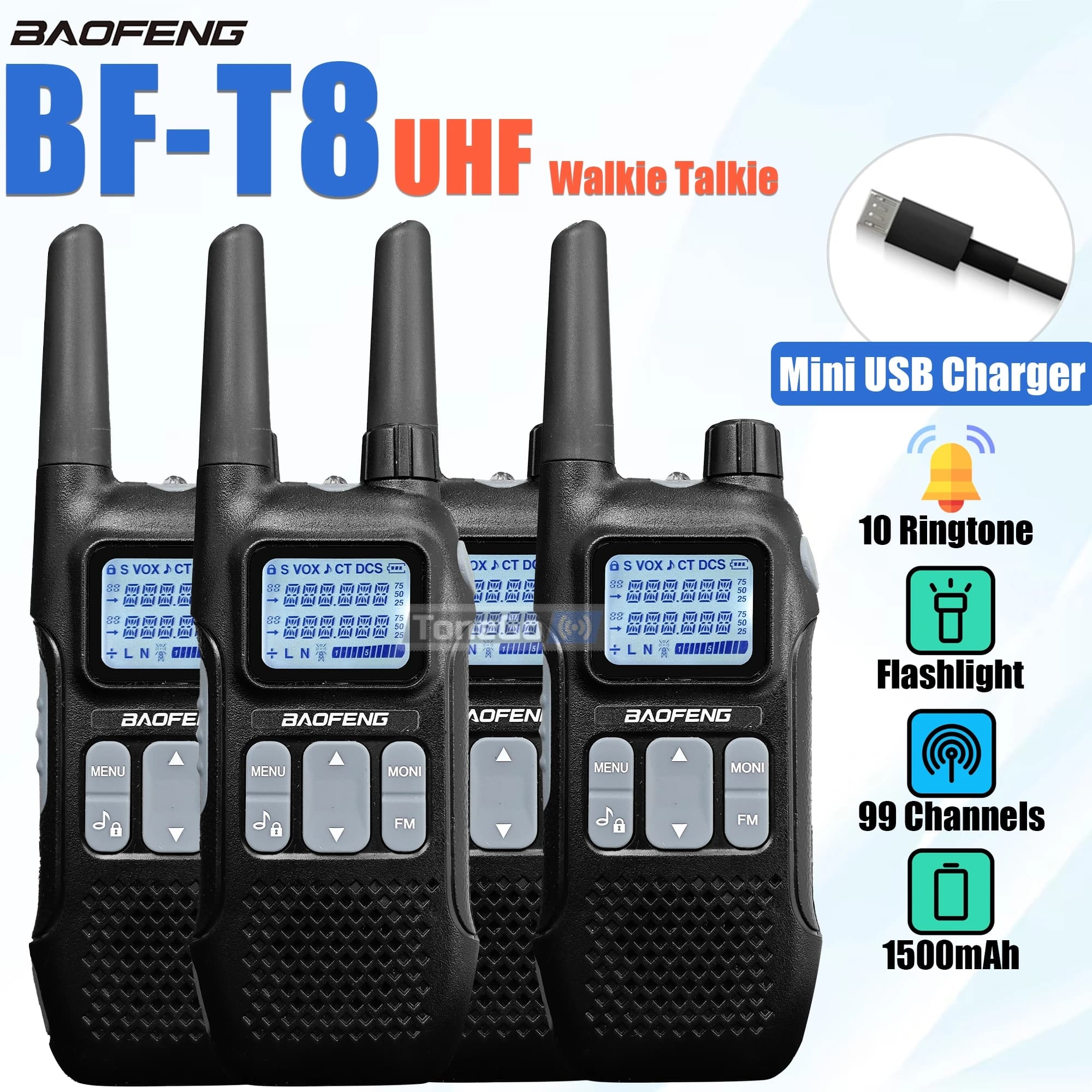 2/4x Baofeng Mini Walkie Talkie BF-T8 UHF Ham Radio FM Caricatore USB CTCSS DCS Dual Standby NOAA Torcia Elettrica BF-U9 R8 Trasmettitore
