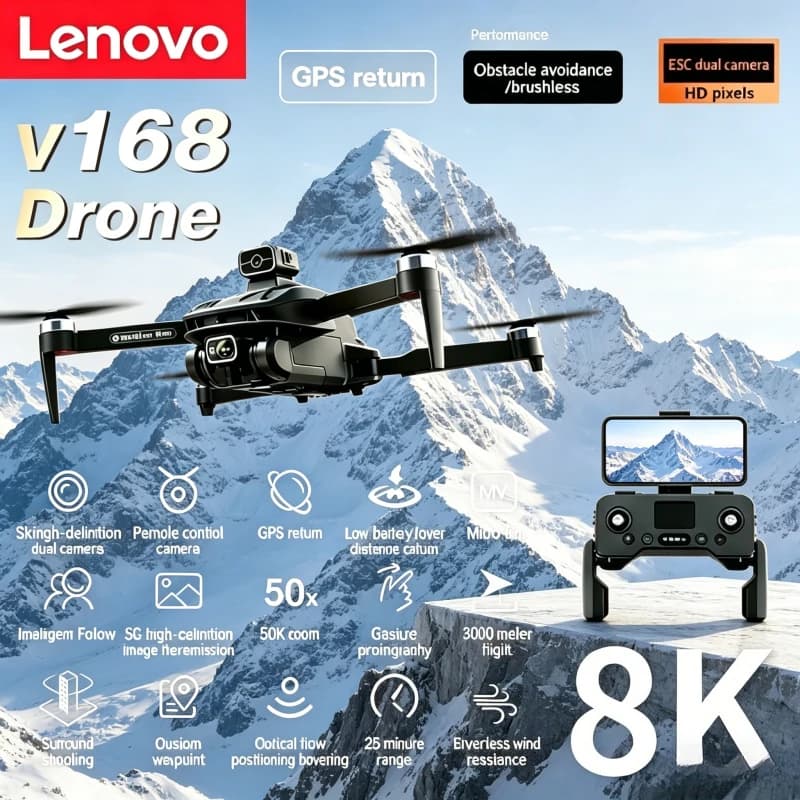 Lenovo V168 GPS 8K Drone Three Camera Four-way Obstacle Avoidance Optical Localization Wide Angle Professinal Quadcopter