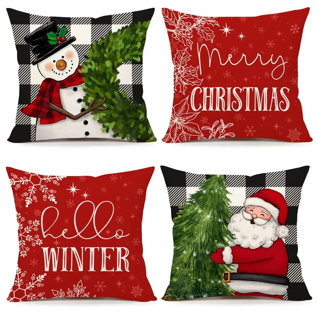 Buffalo Check Christmas Pillow Covers Set of 4 Farmhouse Xmas Snowman Wreath Santa Claus Tree Hello Winter Holiday Throw Case