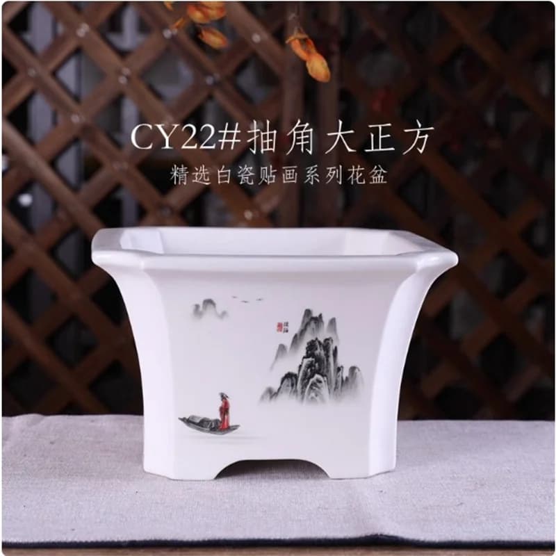 Porcelain Glazed Square Bonsai Pot,Chinese Pattern,Table Decoration,Indoor Plant,