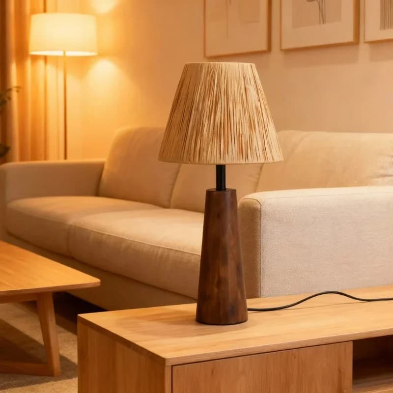 Lampada da scrivania in legno con paralume in corda, lampada da comodino per camera da letto e soggiorno