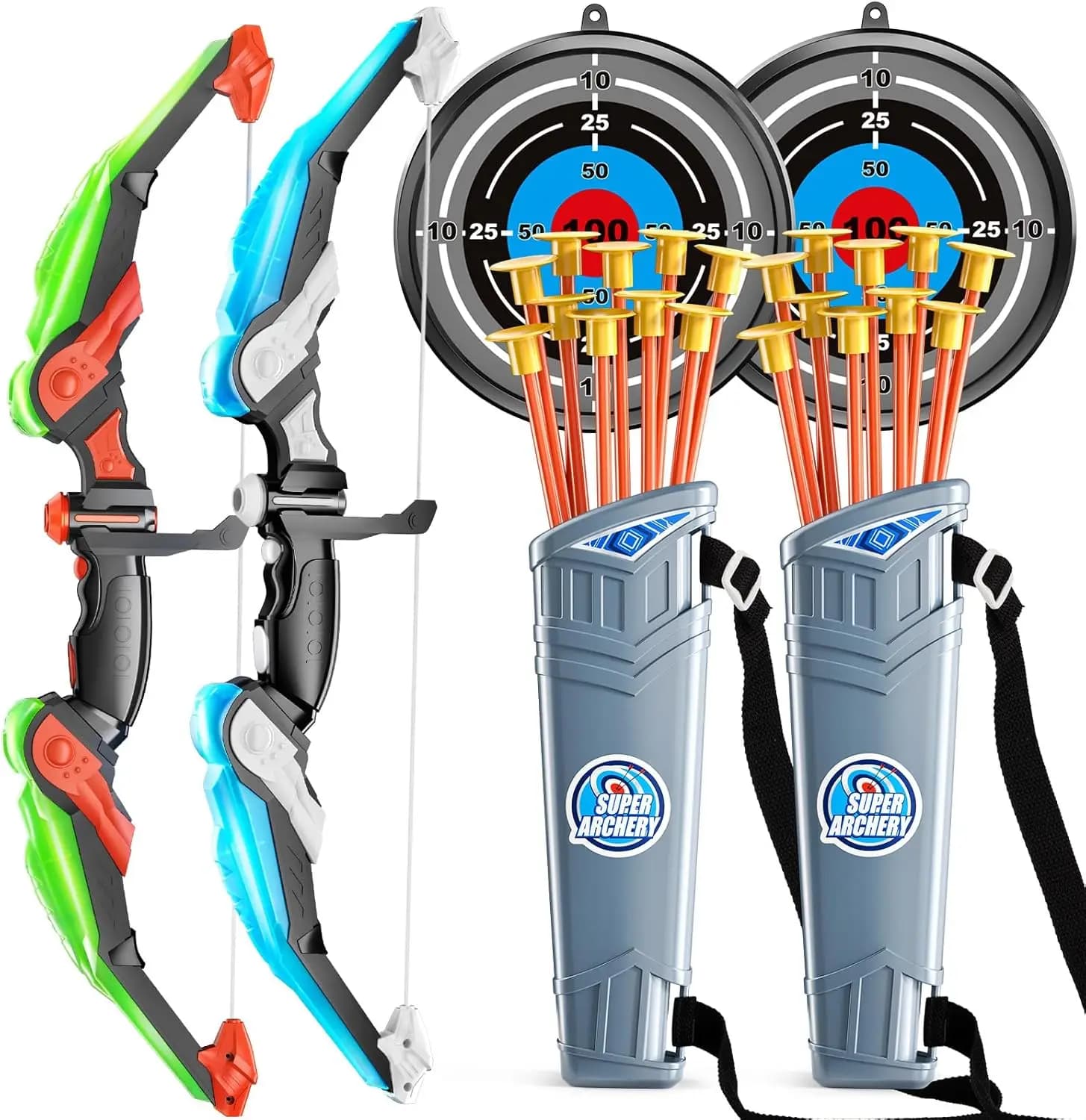 Set arco e frecce per bambini - Set di giocattoli per tiro con l'arco - Illuminazione a LED con frecce a ventosa Bersaglio e faretra Giocattoli per interni ed esterni