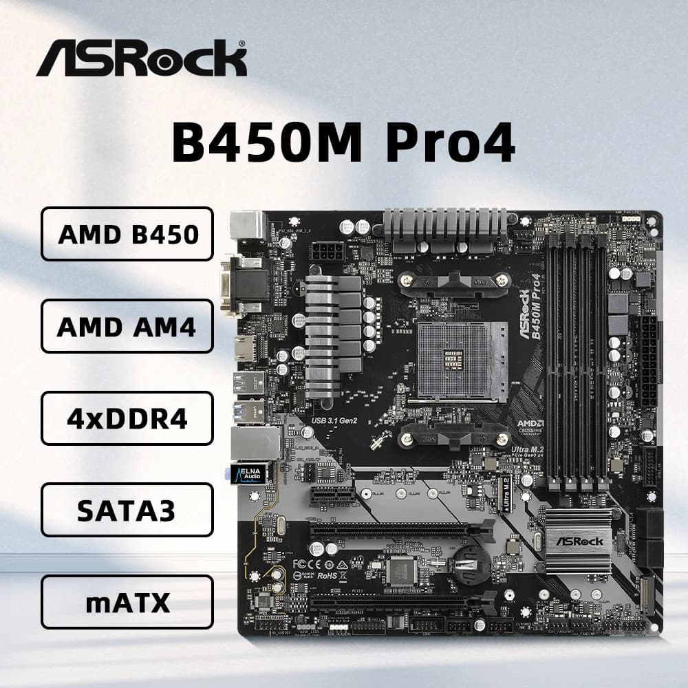 ASRock B450M PRO4 Motherboard Supports 5950X 5800X3D 5700X3D 5600X 5600G 1700X 2700X CPU AM4 AMD 4xDDR4 3200MHz mATX Mainboard