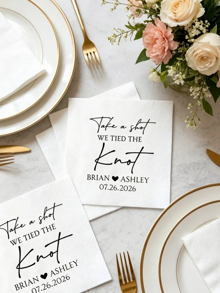 Personalized Take A Shot We Tied The Knot Cocktail Napkins We're Engaged Custom Disposable Paper Napkins Save The Date Wedding