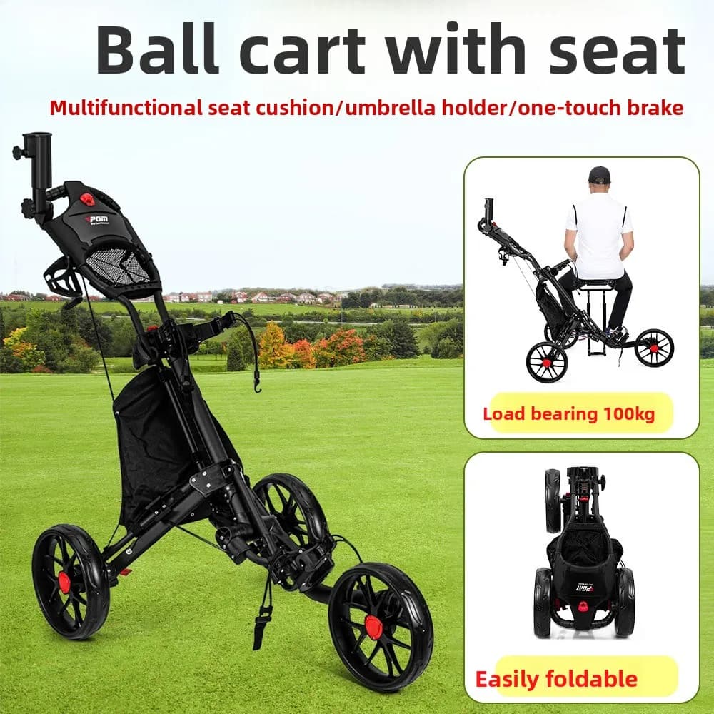 Carrello da Golf a Tre Ruote con Freno, Pieghevole, Porta Ghiaccio, Porta Ombrello, Porta Bicchiere e Sedile
