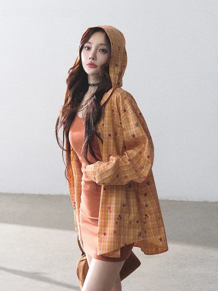 LulusMiracle Maple Evening Lazy Feel Star Orange Yellow Plaid Drape Long Sleeve Hooded Shirt Jacket Women's Fashion Set