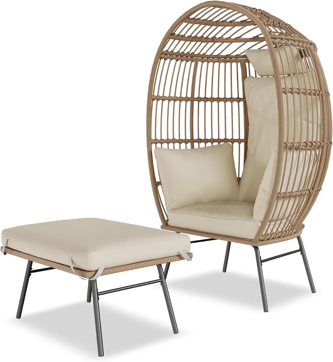 Sedia a uovo in vimini con pouf, poltrona da patio impermeabile resistente ai raggi UV con cuscini, mobili in accento per giardino, balcone