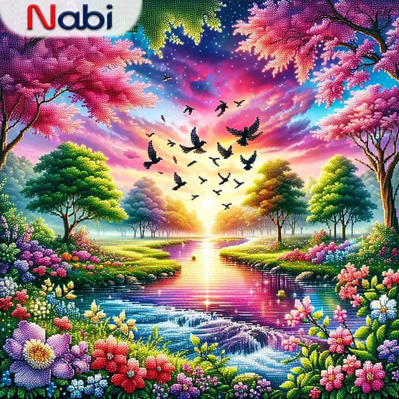 Nabi Diamond Painting Sunset Landscape Full Square Round Mosaic River DIY Embroidery Tree Handmade Gift